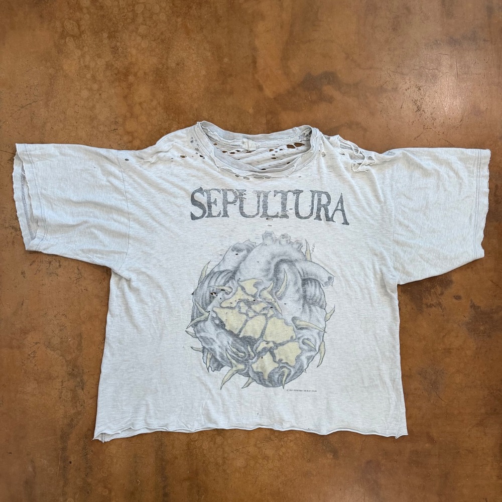 Vintage 1993 Sepultura Chaos AD T-Shirt Blue Grape Thrashed Distressed Grey 90s